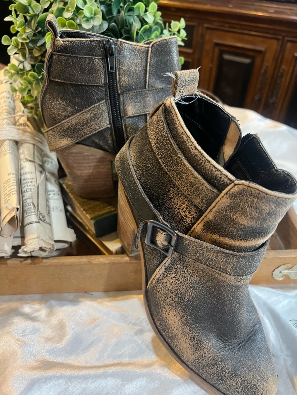 Kelsi Dagger Distressed Brown Ankle Booties with Buckle